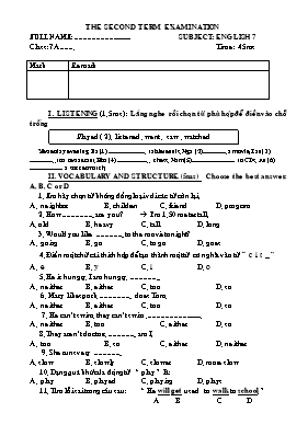 Đề kiểm tra học kì 2 môn Tiếng Anh Lớp 7